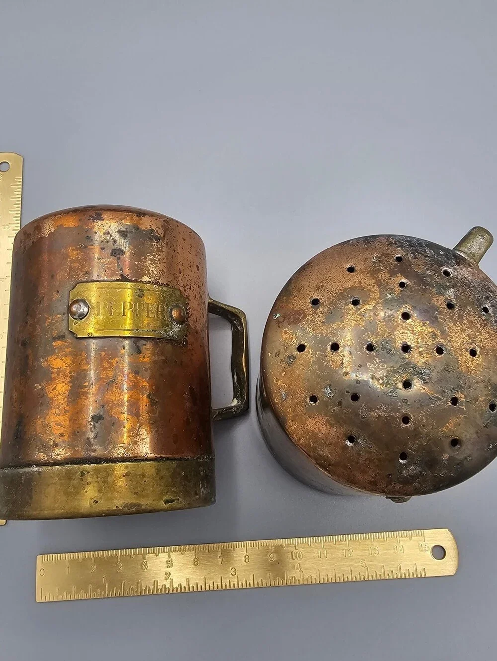 Vintage Copper and Brass Pepper Shakers Set of 2